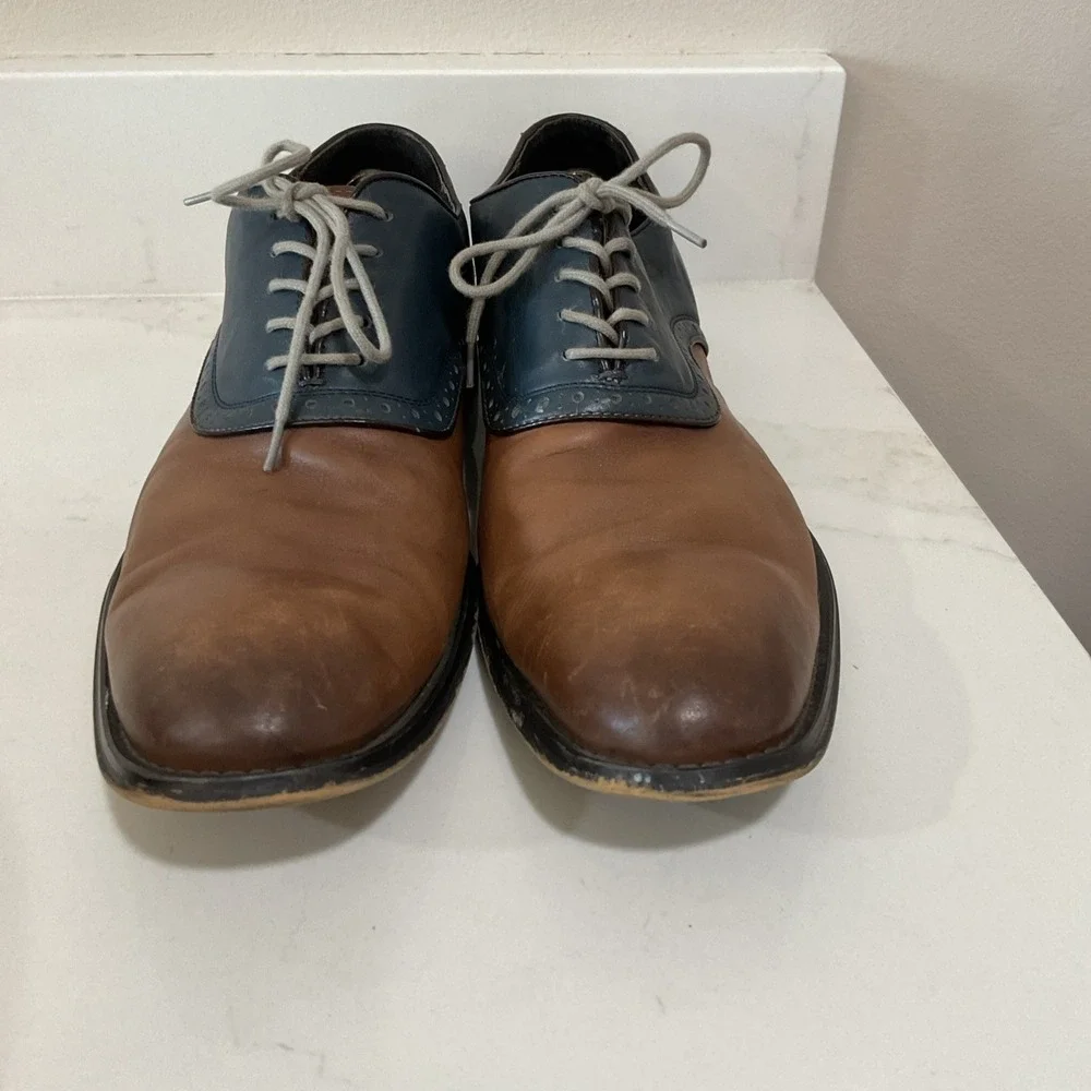 Aston Grey Mens 12 Leather Two Tone Saddle Oxford Dress Shoes Brown Navy Wingtip